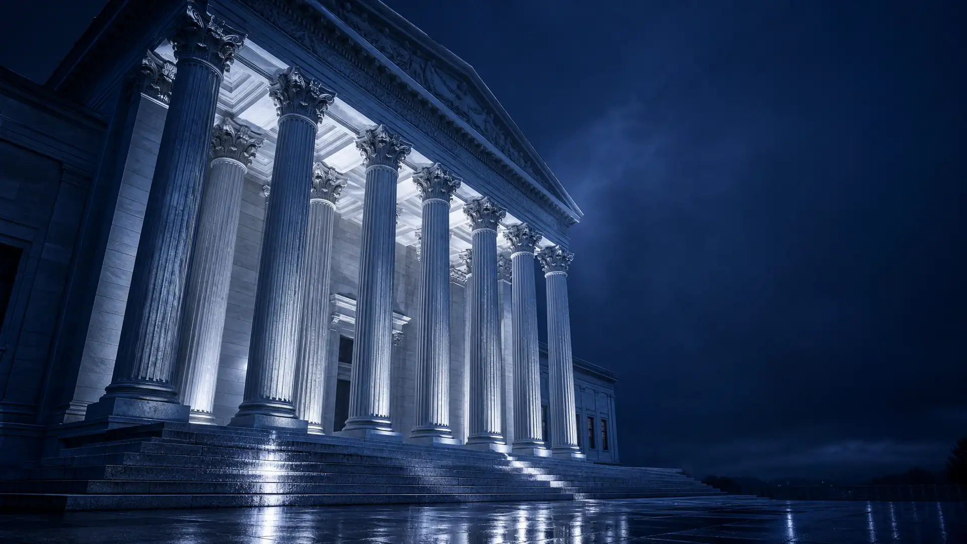 A United States federal courthouse at dusk
